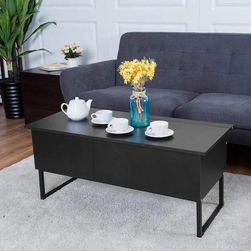 Lift-Top Coffee Table - Modern Black Wood Hidden Storage