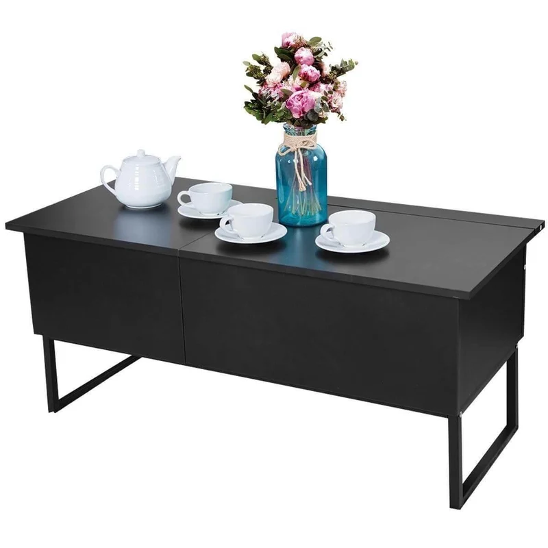 Lift-Top Coffee Table - Modern Black Wood Hidden Storage