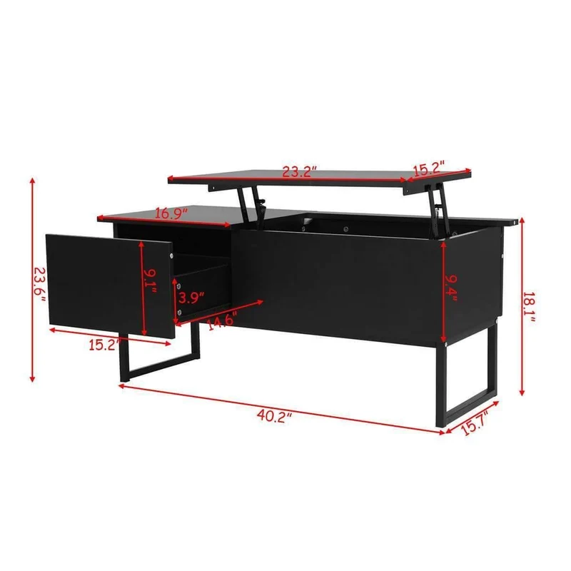 Lift-Top Coffee Table - Modern Black Wood Hidden Storage
