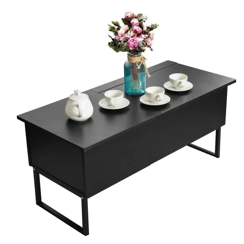 Lift-Top Coffee Table - Modern Black Wood Hidden Storage
