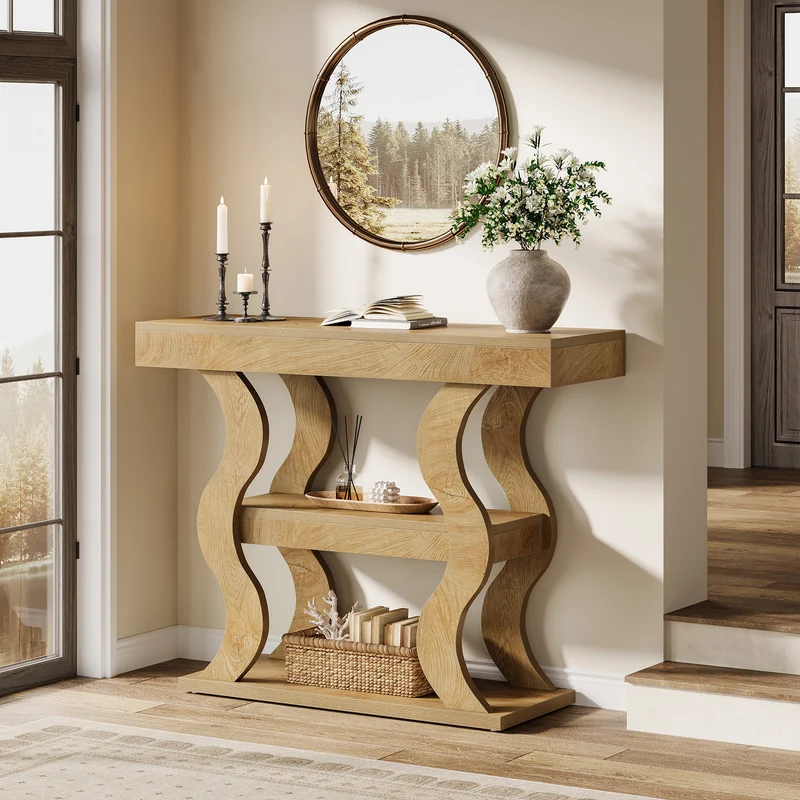 Tribesigns Schmaler Konsolentisch 105 cm – 3-stufiger Flurtisch mit Ablagen, Holzoptik Sofatisch für Eingangsbereich & Wohnzimmer