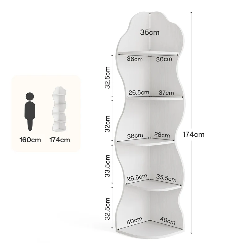 Tribesigns Eckregal 5 Ebenen, Modernes Bücherregal für Ecke, Geschwungenes Design, Hohes Standregal für Wohnzimmer
