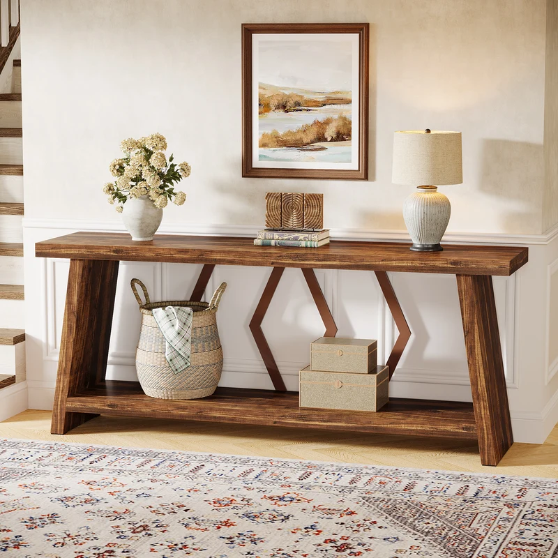 Tribesigns Extra langer Konsolentisch 180 cm mit 2 Ablagen, Schmaler Sofatisch für Wohnzimmer und Flur, Holz-Metall Design