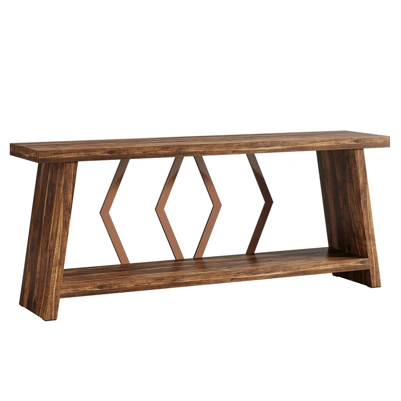 Tribesigns Extra langer Konsolentisch 180 cm mit 2 Ablagen, Schmaler Sofatisch für Wohnzimmer und Flur, Holz-Metall Design