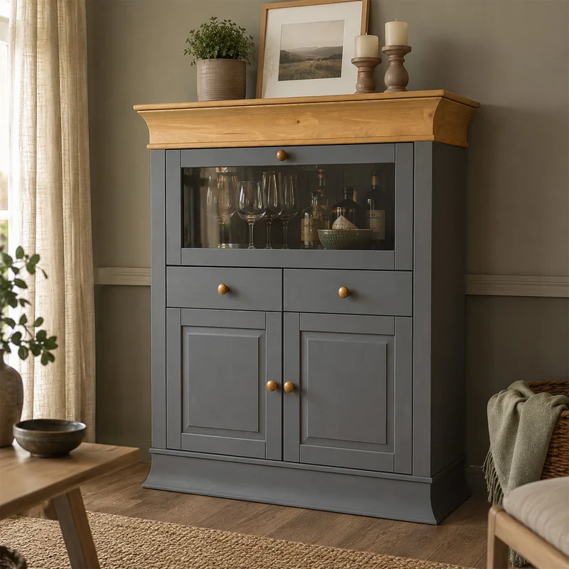 Barschrank Kiefer massiv grau antik - Boston