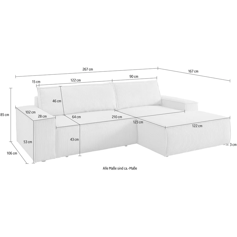 Ecksofa mit Schlaffunktion + Bettkasten Cord grau - Sherwood