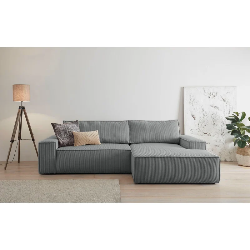Ecksofa mit Schlaffunktion + Bettkasten Cord grau - Sherwood