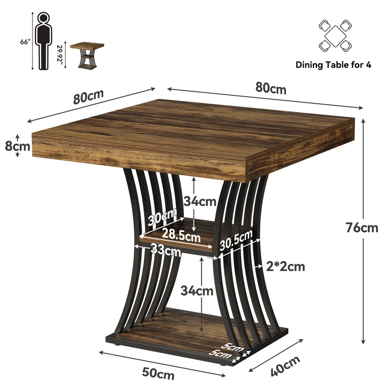 Tribesigns 80 cm Quadratischer Industrial Esstisch für 4 Personen, 2 Ablagefächer, Küchentisch für Wohnzimmer & Esszimmer