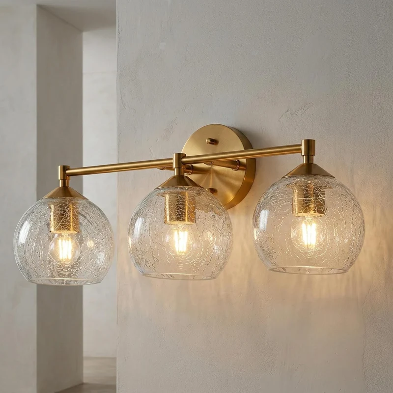 Tribesigns Goldene Badezimmer Wandleuchte 3-flammig mit Crackle-Glas Kugeln, Moderne Spiegelleuchte mit E27 Fassung inkl. LED Leuchtmittel