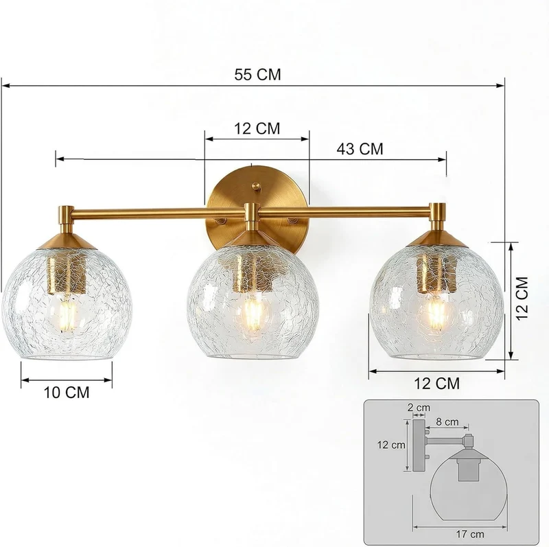 Tribesigns Goldene Badezimmer Wandleuchte 3-flammig mit Crackle-Glas Kugeln, Moderne Spiegelleuchte mit E27 Fassung inkl. LED Leuchtmittel