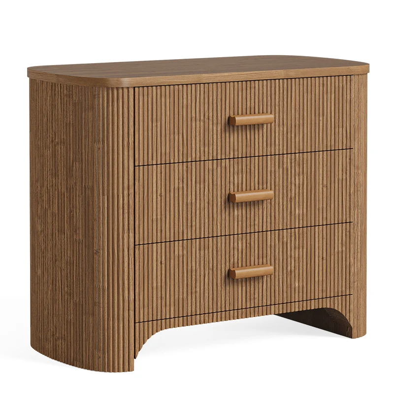 Breiter Nachttisch mit 3 Schubladen, Großer Mid Century Modern Beistelltisch mit Geriffelter Front & Geschlossener Rückwand