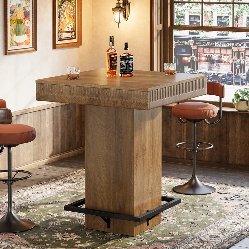 Quadratischer Bartisch 80 cm mit Holzplatte und Metallfußstütze, Industrial Bistro Hochtisch für Küche & Wohnzimmer