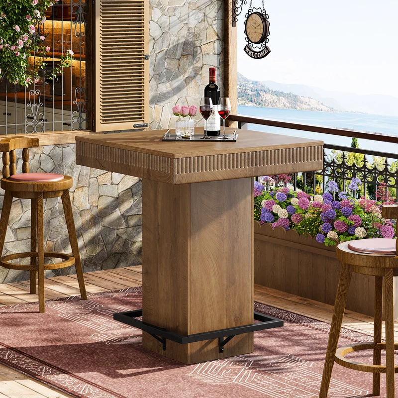 Quadratischer Bartisch 80 cm mit Holzplatte und Metallfußstütze, Industrial Bistro Hochtisch für Küche & Wohnzimmer