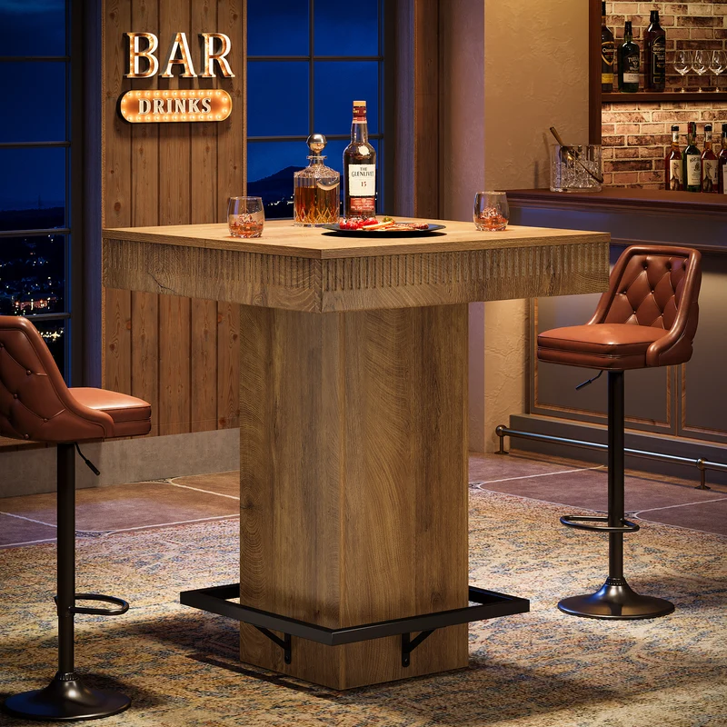 Quadratischer Bartisch 80 cm mit Holzplatte und Metallfußstütze, Industrial Bistro Hochtisch für Küche & Wohnzimmer