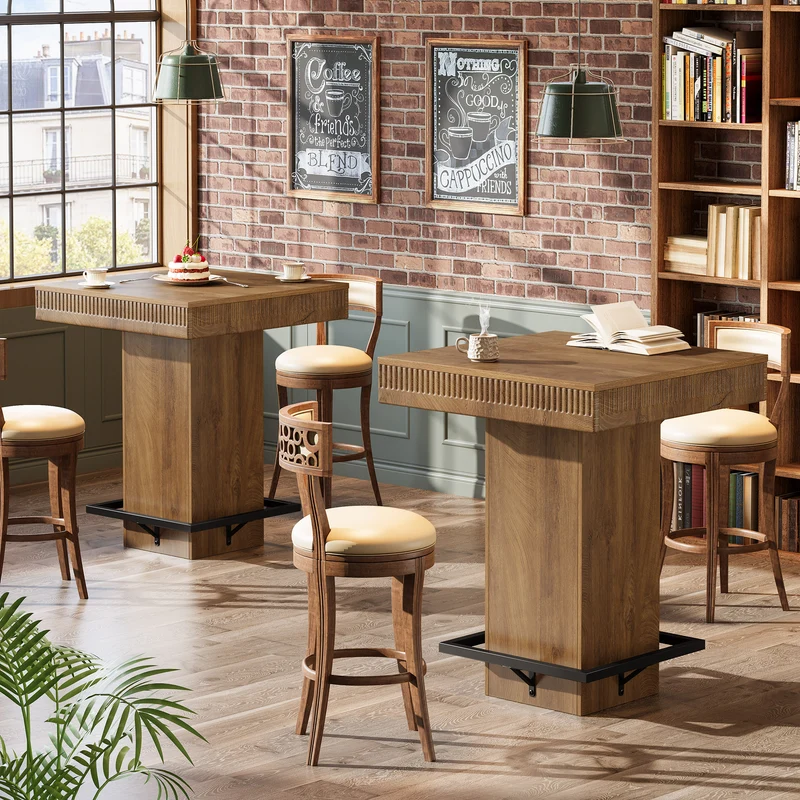 Quadratischer Bartisch 80 cm mit Holzplatte und Metallfußstütze, Industrial Bistro Hochtisch für Küche & Wohnzimmer