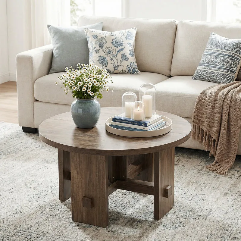 Runder Couchtisch 80 cm mit Sockelgestell, kleiner Farmhouse Wohnzimmertisch für Wohnzimmer & Apartment