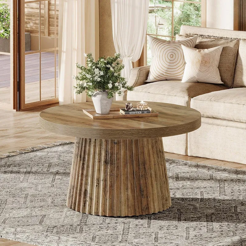 80 cm Runder Couchtisch mit Riffelbasis, moderner Beistelltisch in Braun für Wohnzimmer und kleine Räume