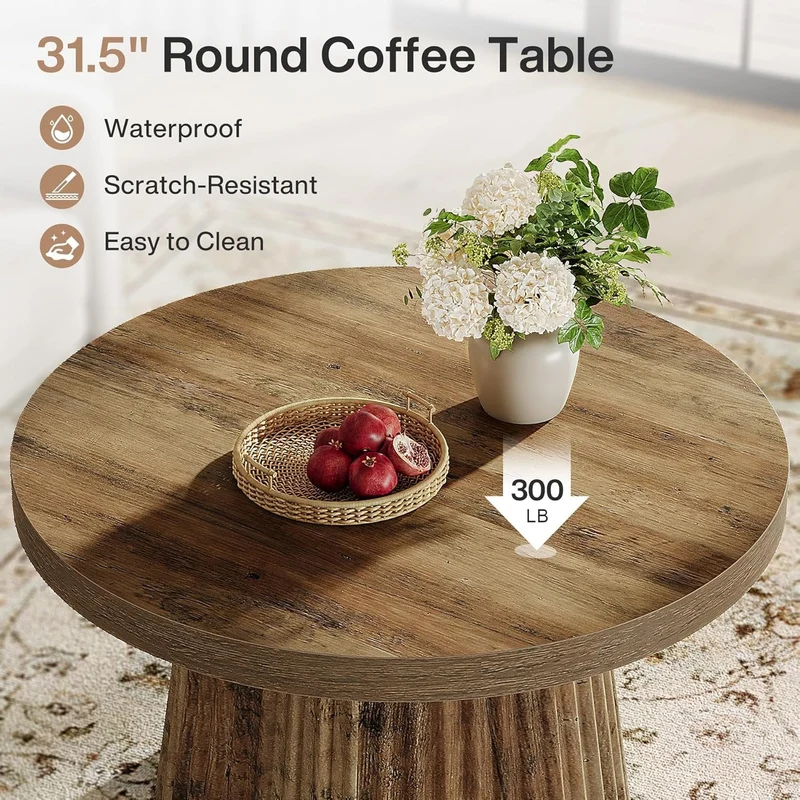 80 cm Runder Couchtisch mit Riffelbasis, moderner Beistelltisch in Braun für Wohnzimmer und kleine Räume