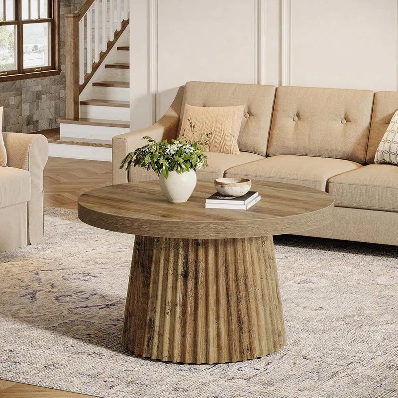 80 cm Runder Couchtisch mit Riffelbasis, moderner Beistelltisch in Braun für Wohnzimmer und kleine Räume