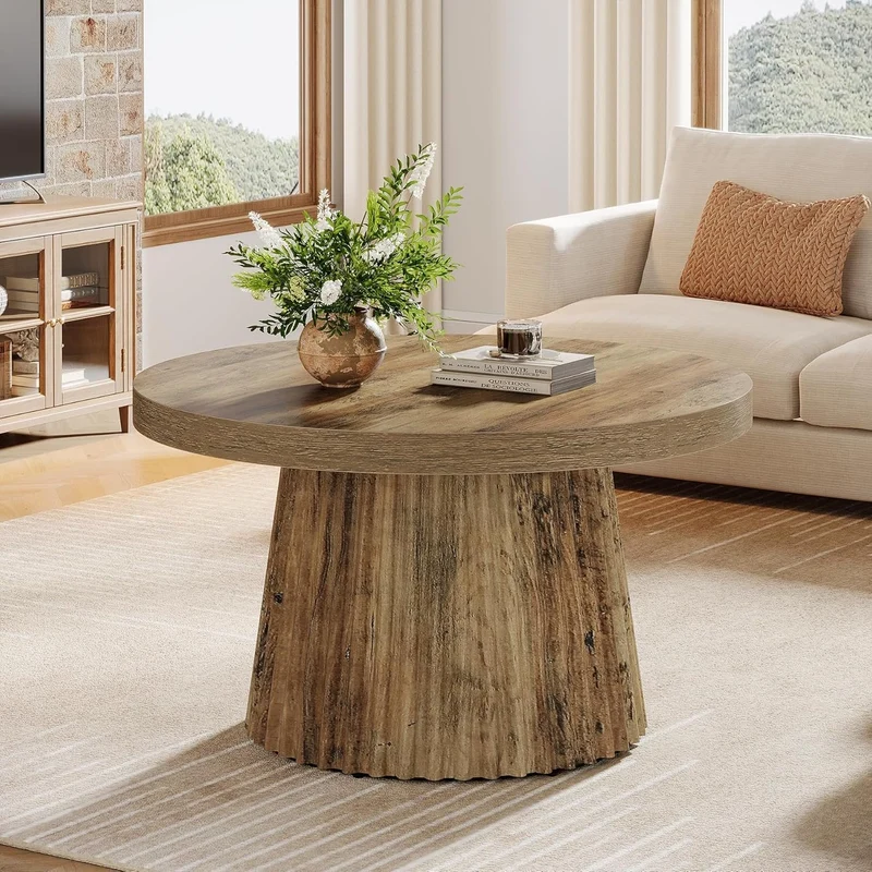 80 cm Runder Couchtisch mit Riffelbasis, moderner Beistelltisch in Braun für Wohnzimmer und kleine Räume
