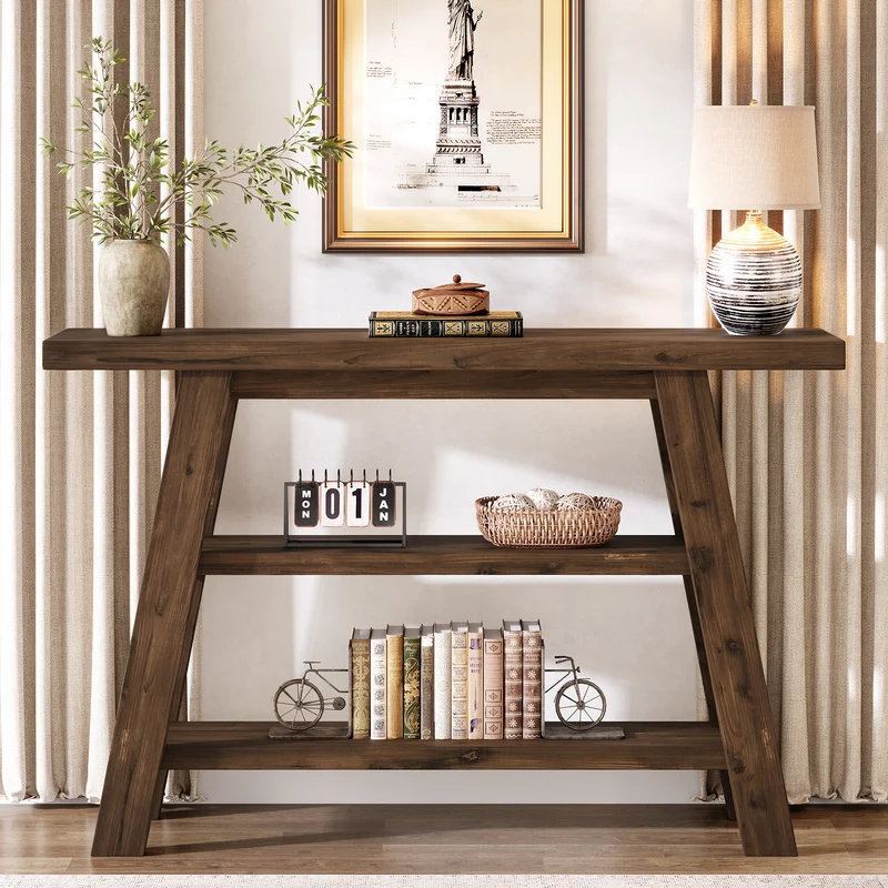 120 cm Massivholz-Konsolentisch im Landhausstil, schmaler Sofatisch mit 3 Ebenen für Eingang & Foyer