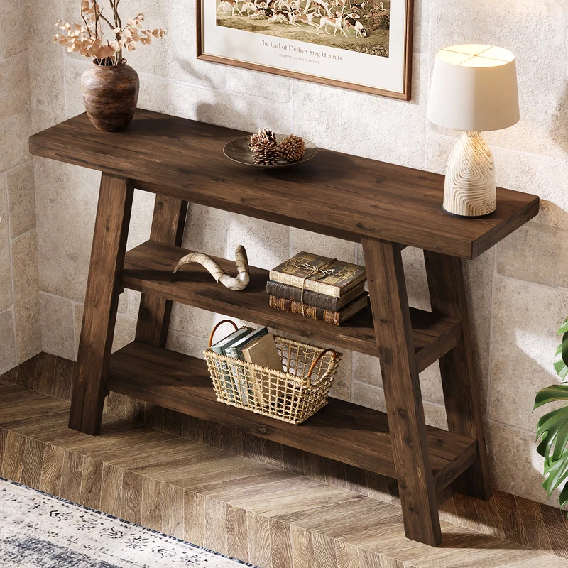 120 cm Massivholz-Konsolentisch im Landhausstil, schmaler Sofatisch mit 3 Ebenen für Eingang & Foyer
