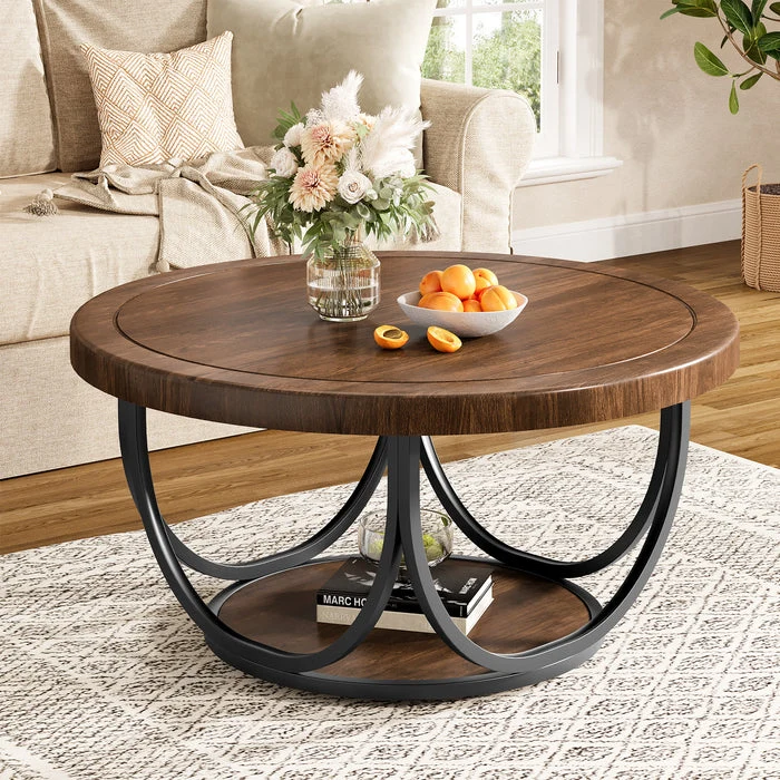 Runder Couchtisch 80 cm mit Ablage, 2-stufiger Wohnzimmertisch Industrial Stil mit Metallgestell