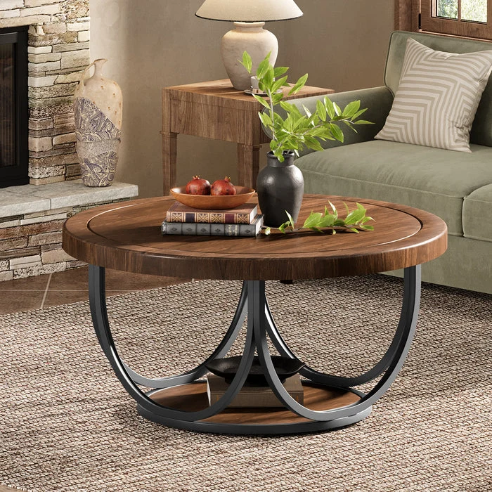 Runder Couchtisch 80 cm mit Ablage, 2-stufiger Wohnzimmertisch Industrial Stil mit Metallgestell