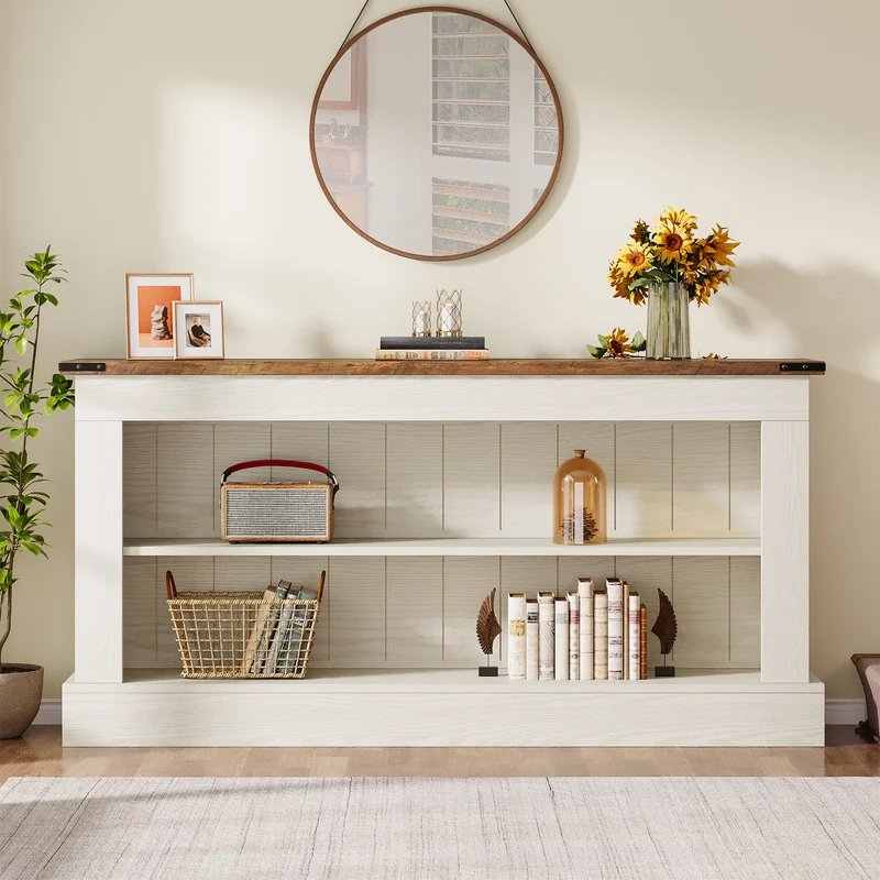 Schmaler Konsolentisch 160 cm mit Ablagen, Landhaus Flurtisch für Eingangsbereich & Sofa
