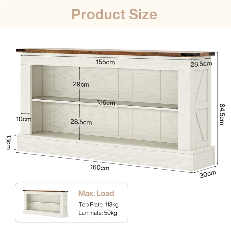 Schmaler Konsolentisch 160 cm mit Ablagen, Landhaus Flurtisch für Eingangsbereich & Sofa