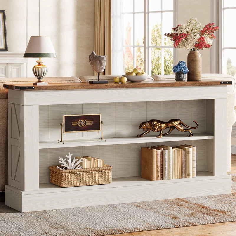 Schmaler Konsolentisch 160 cm mit Ablagen, Landhaus Flurtisch für Eingangsbereich & Sofa