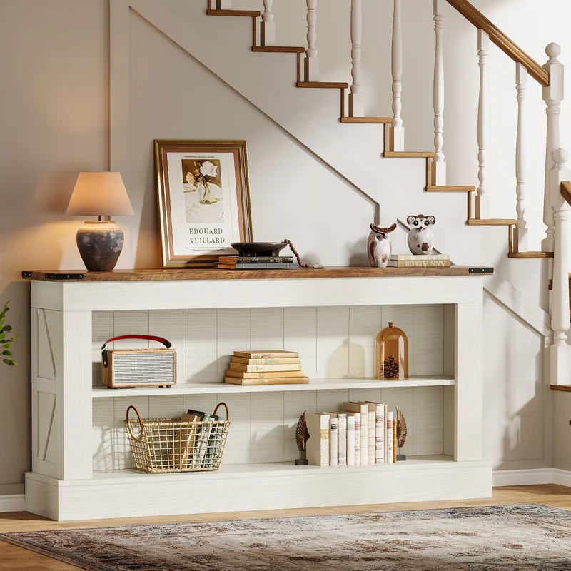 Schmaler Konsolentisch 160 cm mit Ablagen, Landhaus Flurtisch für Eingangsbereich & Sofa