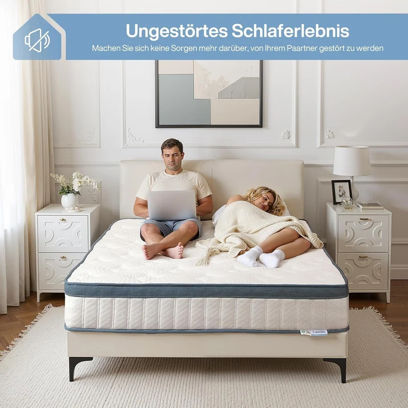Taschenfederkernmatratze, H3 mittelfest, 7-Zonen orthopädische Matratze mit Memory-Schaum & Tencel-Bezug, Oeko-TEX zertifiziert
