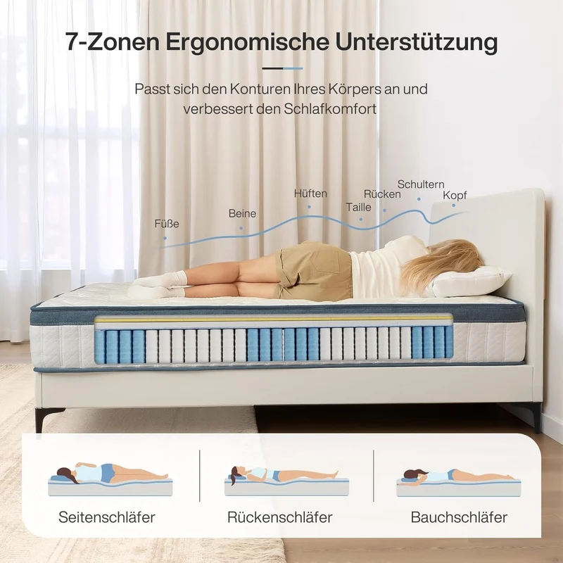 Taschenfederkernmatratze, H3 mittelfest, 7-Zonen orthopädische Matratze mit Memory-Schaum & Tencel-Bezug, Oeko-TEX zertifiziert