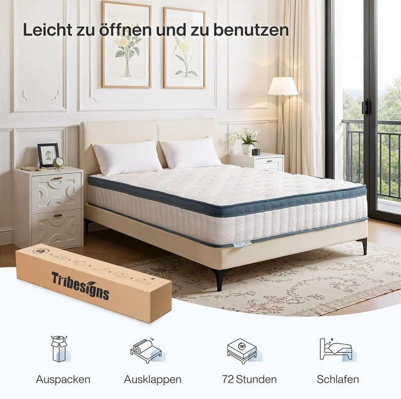 Taschenfederkernmatratze, H3 mittelfest, 7-Zonen orthopädische Matratze mit Memory-Schaum & Tencel-Bezug, Oeko-TEX zertifiziert