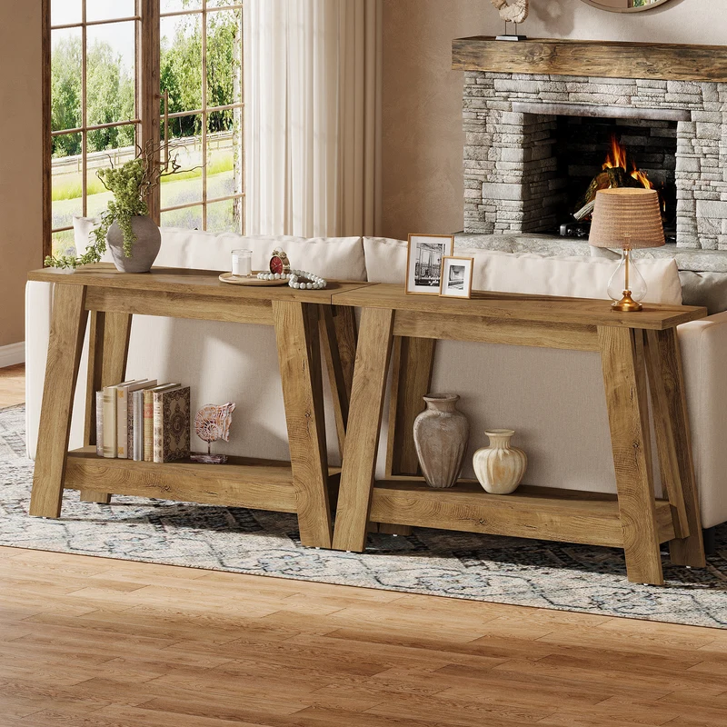 105 cm Farmhouse Konsolentisch mit 2 Ebenen Stauraum, Schmaler Sofatisch im Landhausstil