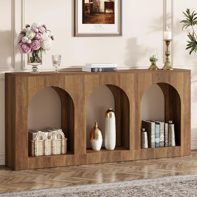 Konsolentisch 160 cm, Schmaler Holztisch mit 3 Bogenregalen, Sofatisch hinter Couch
