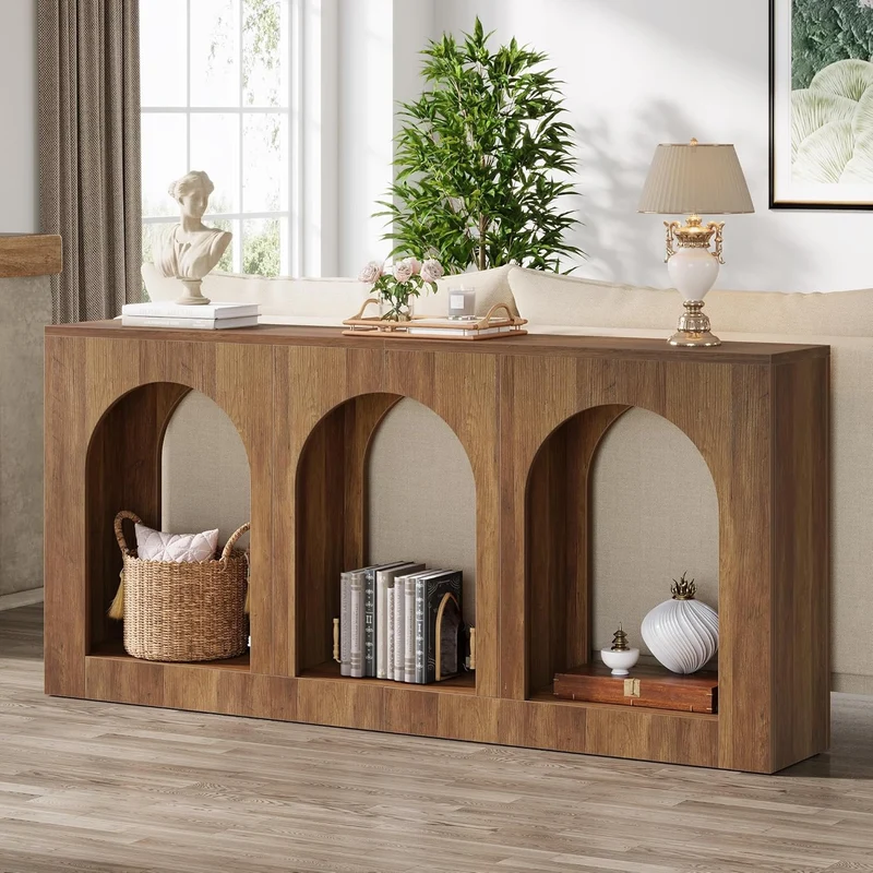 Konsolentisch 160 cm, Schmaler Holztisch mit 3 Bogenregalen, Sofatisch hinter Couch