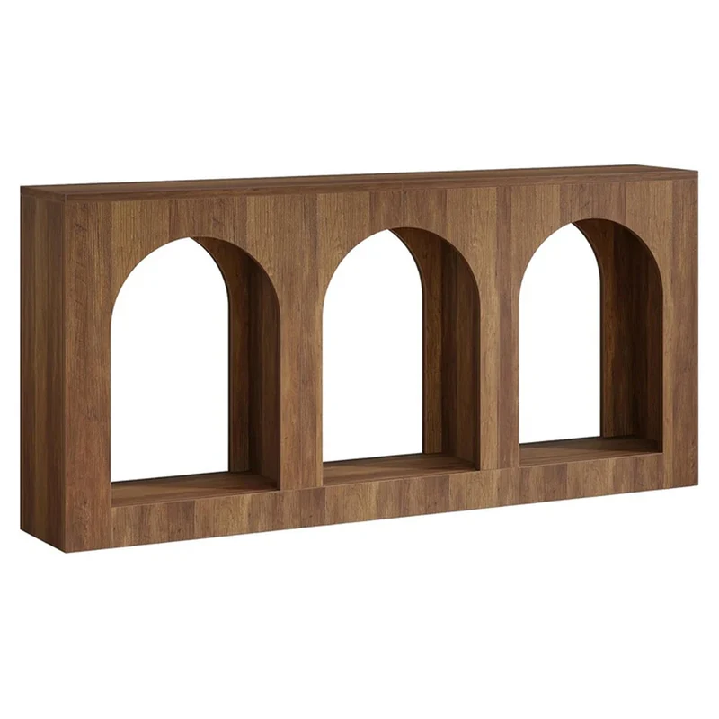 Konsolentisch 160 cm, Schmaler Holztisch mit 3 Bogenregalen, Sofatisch hinter Couch