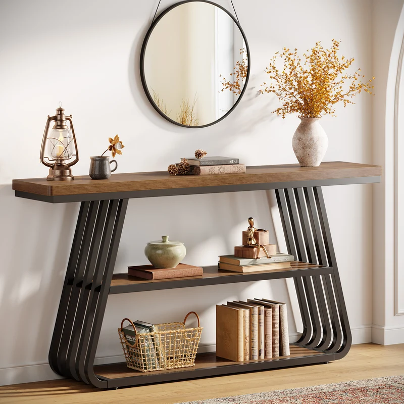 Konsolentisch 140 cm mit Ablagen, 3-stufiger Sofatisch aus Holz mit Metallrahmen