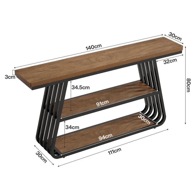 Konsolentisch 140 cm mit Ablagen, 3-stufiger Sofatisch aus Holz mit Metallrahmen