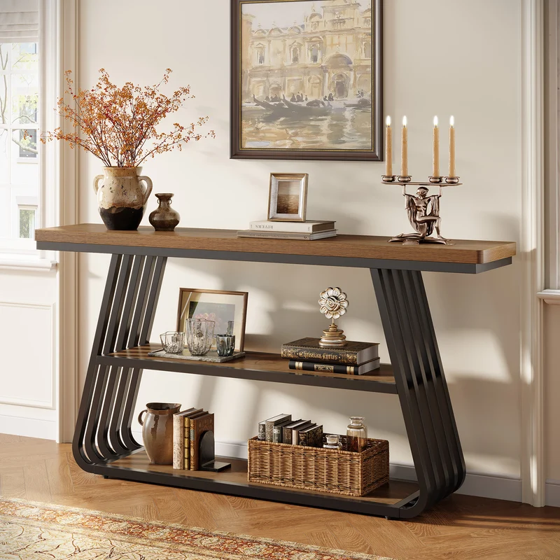 Konsolentisch 140 cm mit Ablagen, 3-stufiger Sofatisch aus Holz mit Metallrahmen