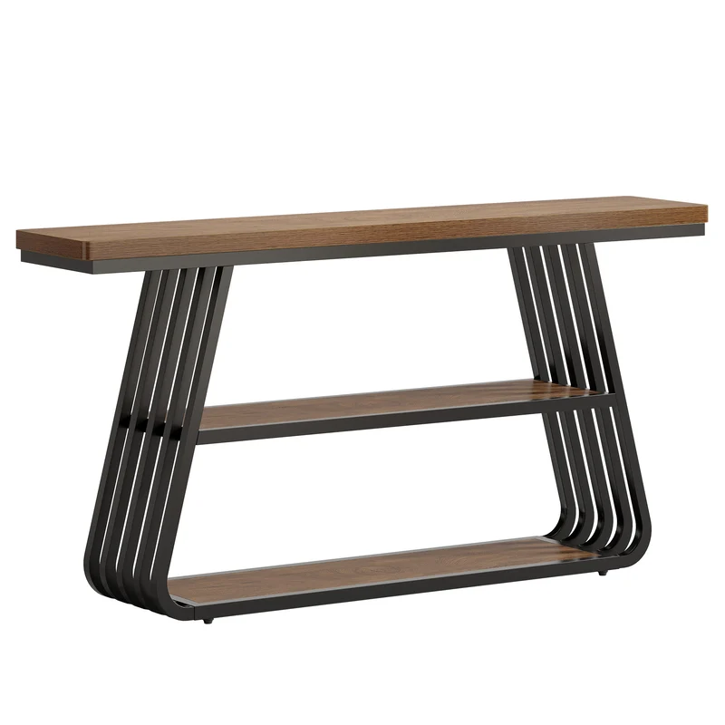 Konsolentisch 140 cm mit Ablagen, 3-stufiger Sofatisch aus Holz mit Metallrahmen