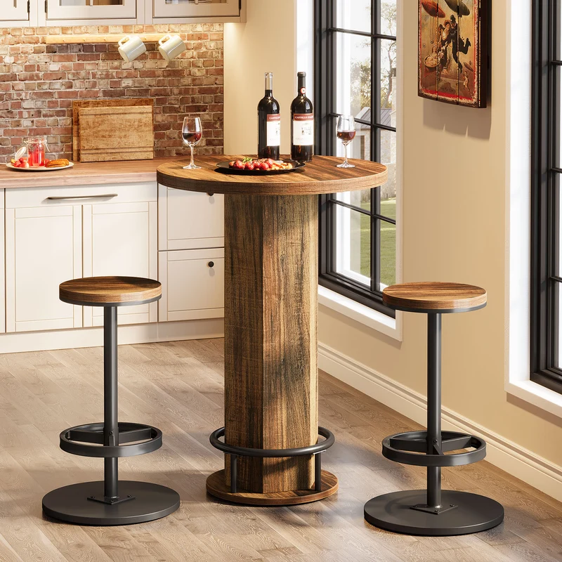 Runder Bartisch mit 2 Barhockern, Industrielles Bistro-Set für Küche und kleine Räume