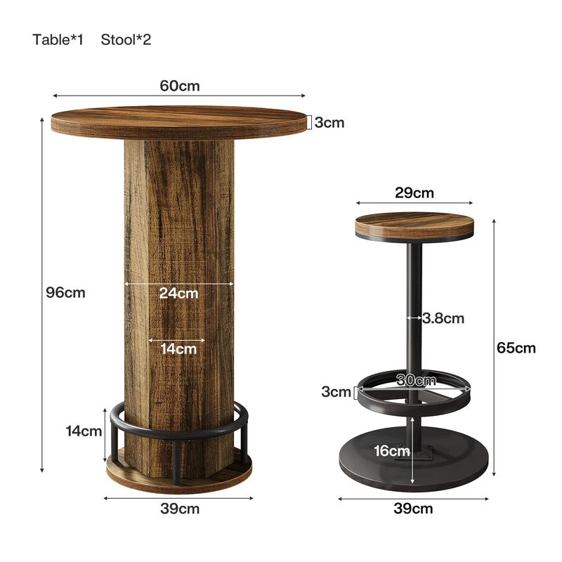 Runder Bartisch mit 2 Barhockern, Industrielles Bistro-Set für Küche und kleine Räume