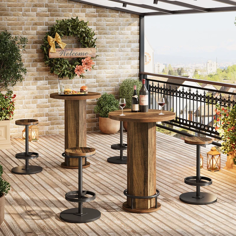 Runder Bartisch mit 2 Barhockern, Industrielles Bistro-Set für Küche und kleine Räume