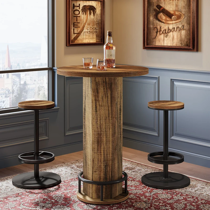 Runder Bartisch mit 2 Barhockern, Industrielles Bistro-Set für Küche und kleine Räume