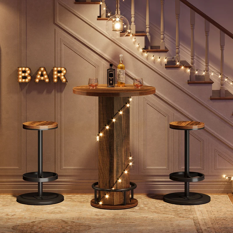 Runder Bartisch mit 2 Barhockern, Industrielles Bistro-Set für Küche und kleine Räume