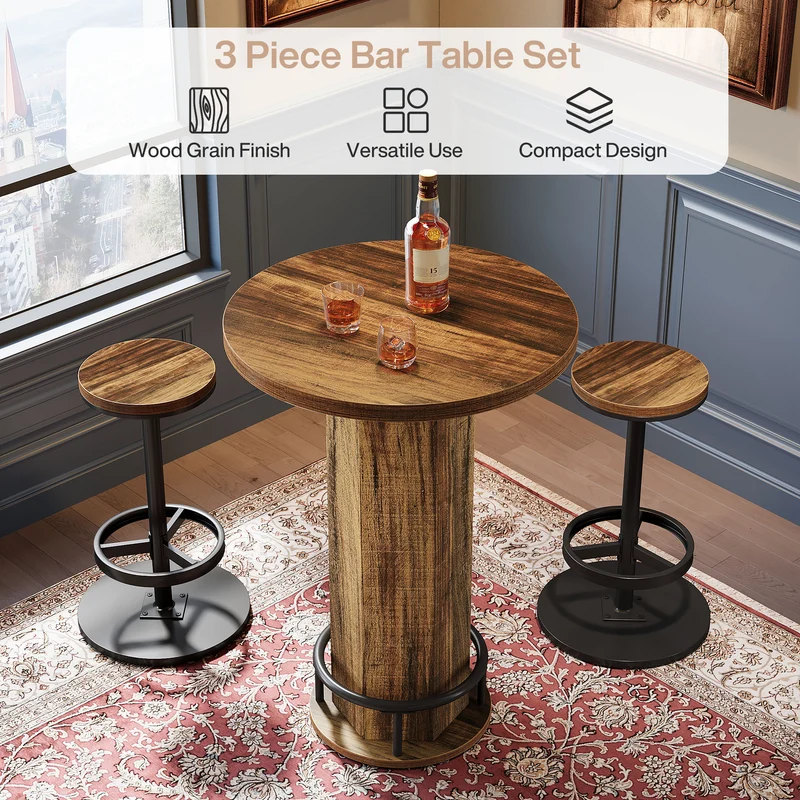 Runder Bartisch mit 2 Barhockern, Industrielles Bistro-Set für Küche und kleine Räume