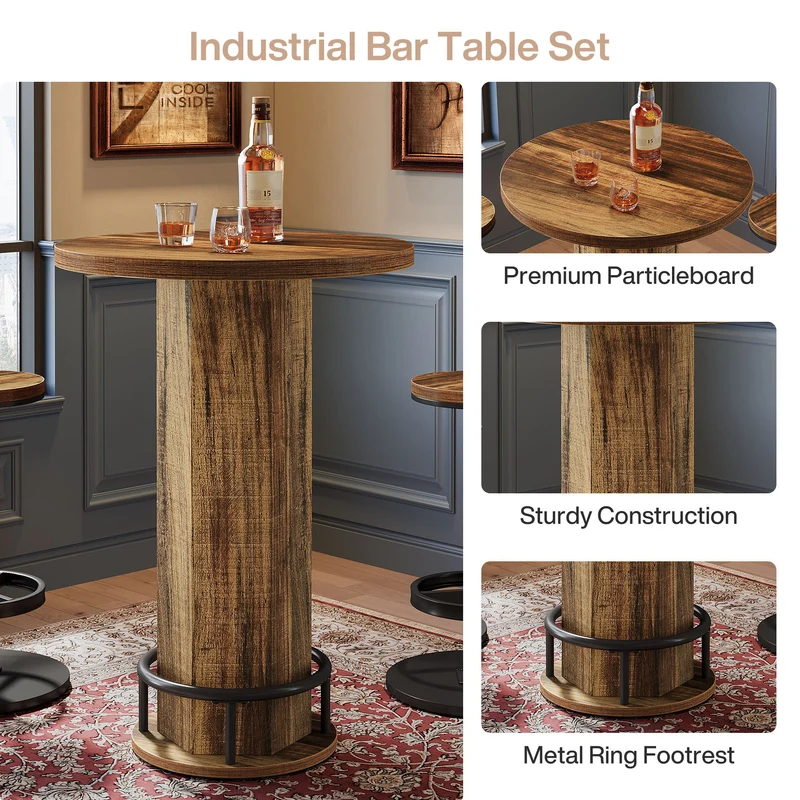 Runder Bartisch mit 2 Barhockern, Industrielles Bistro-Set für Küche und kleine Räume